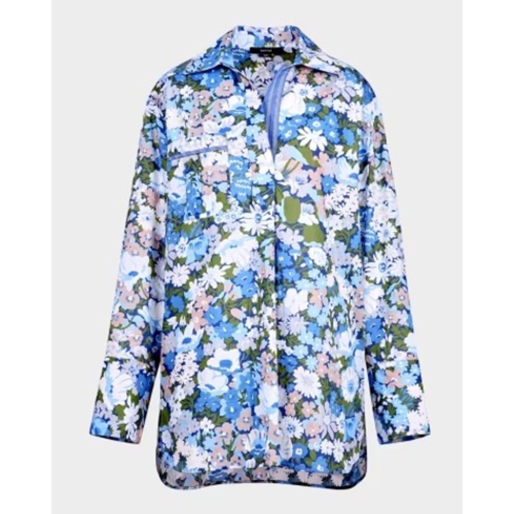 Smythe Floral Over the Head Mini Shirtdress Blue Green Organic Cotton Tunic M